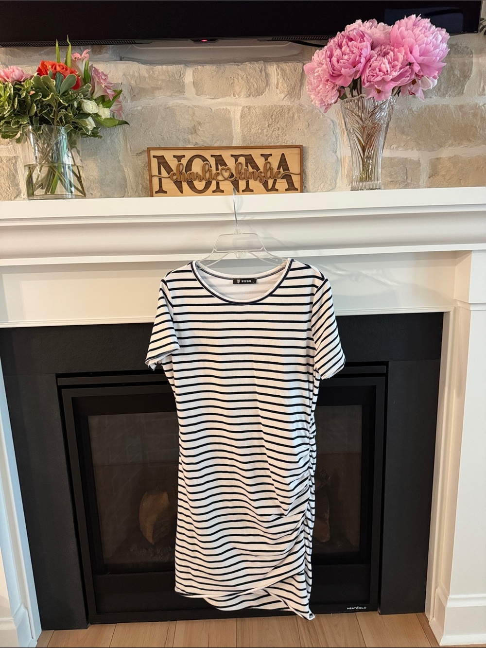 Striped Short-Sleeve Mini Dress with Side Twist Detail - Navy & White